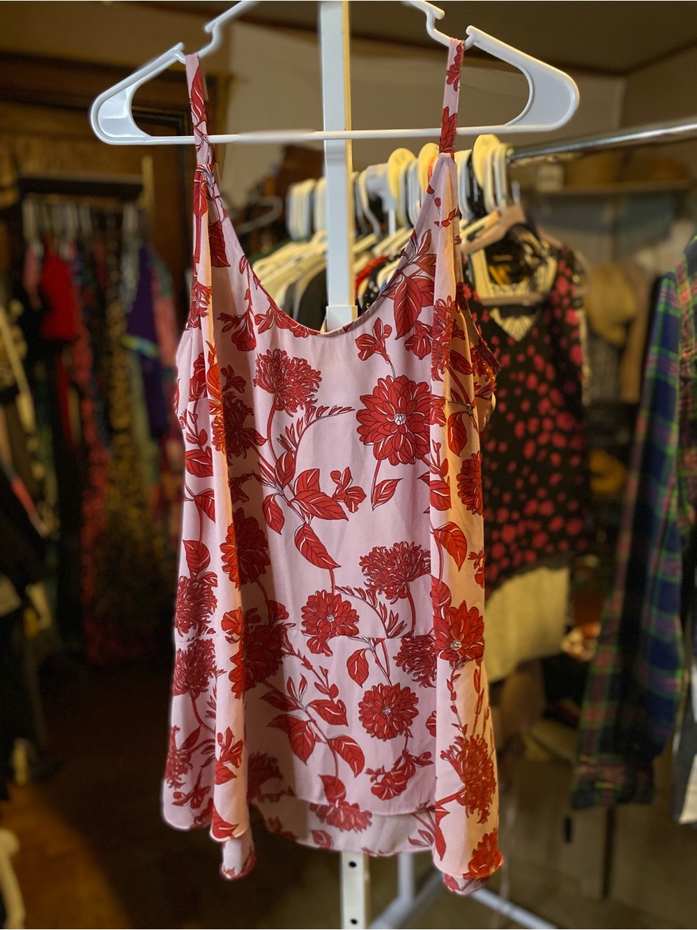 CAbi Pink Camisole with Red Floral Print